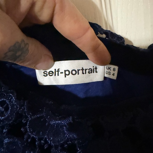 Self-Portrait Navy Floral Lace One-Shoulder Dress - Picture 6 of 8